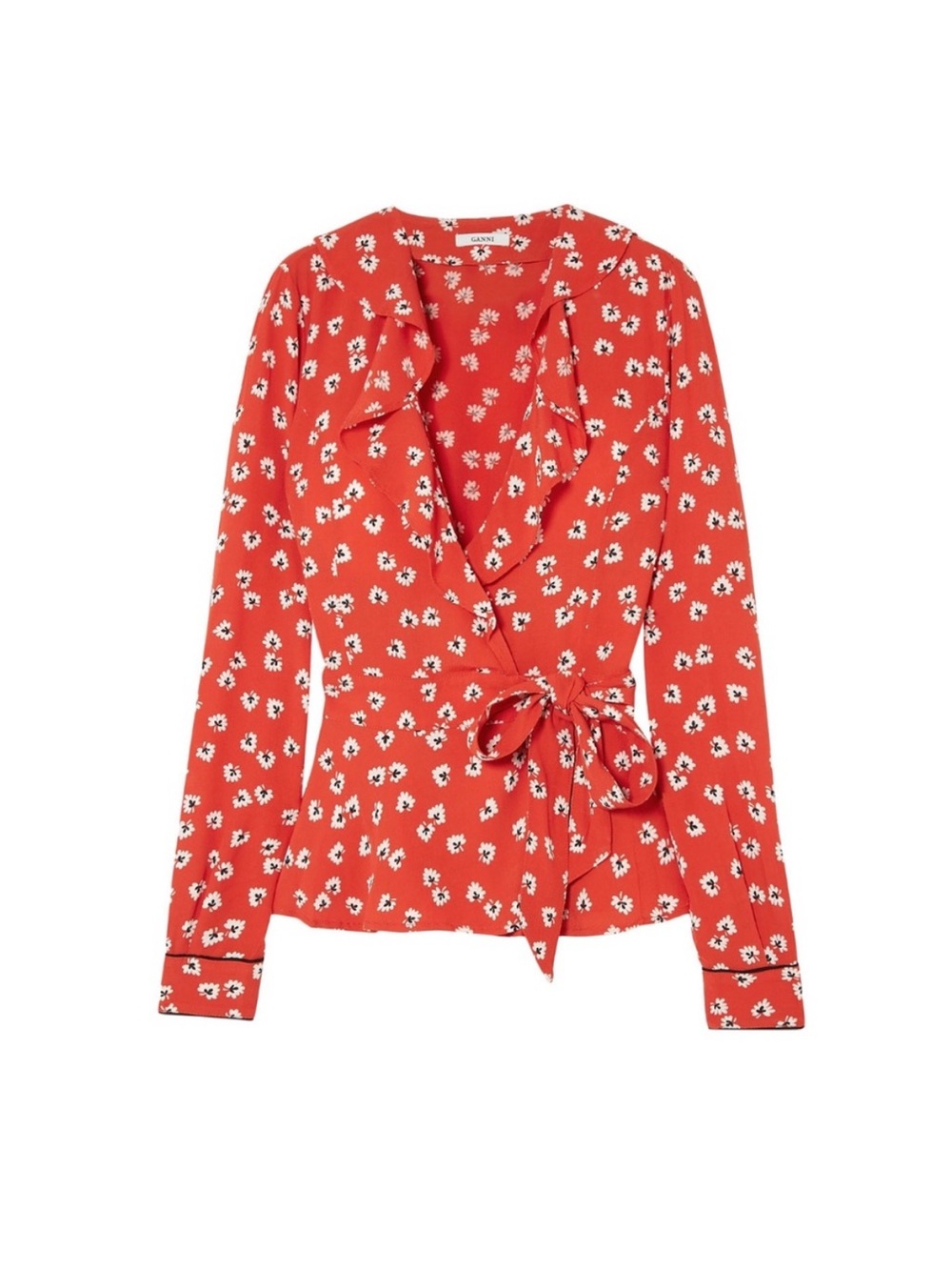 Ganni Red Floral Ruffle Wrap Blouse XL/10